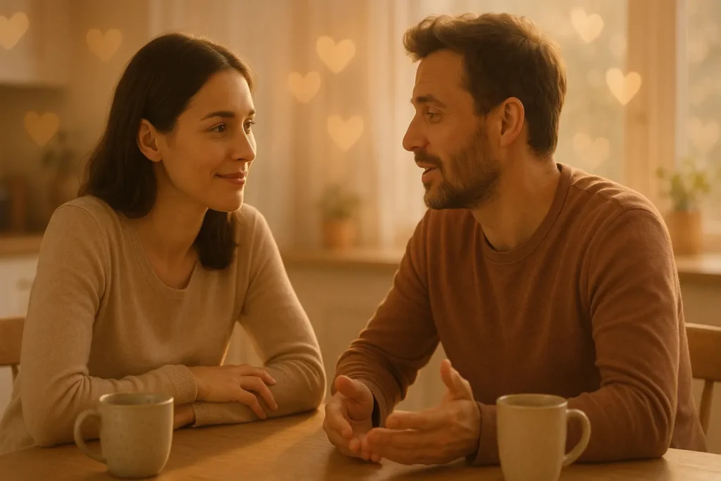 Couple talking calmly at a kitchen table, woman listening warmly as man opens up emotionally