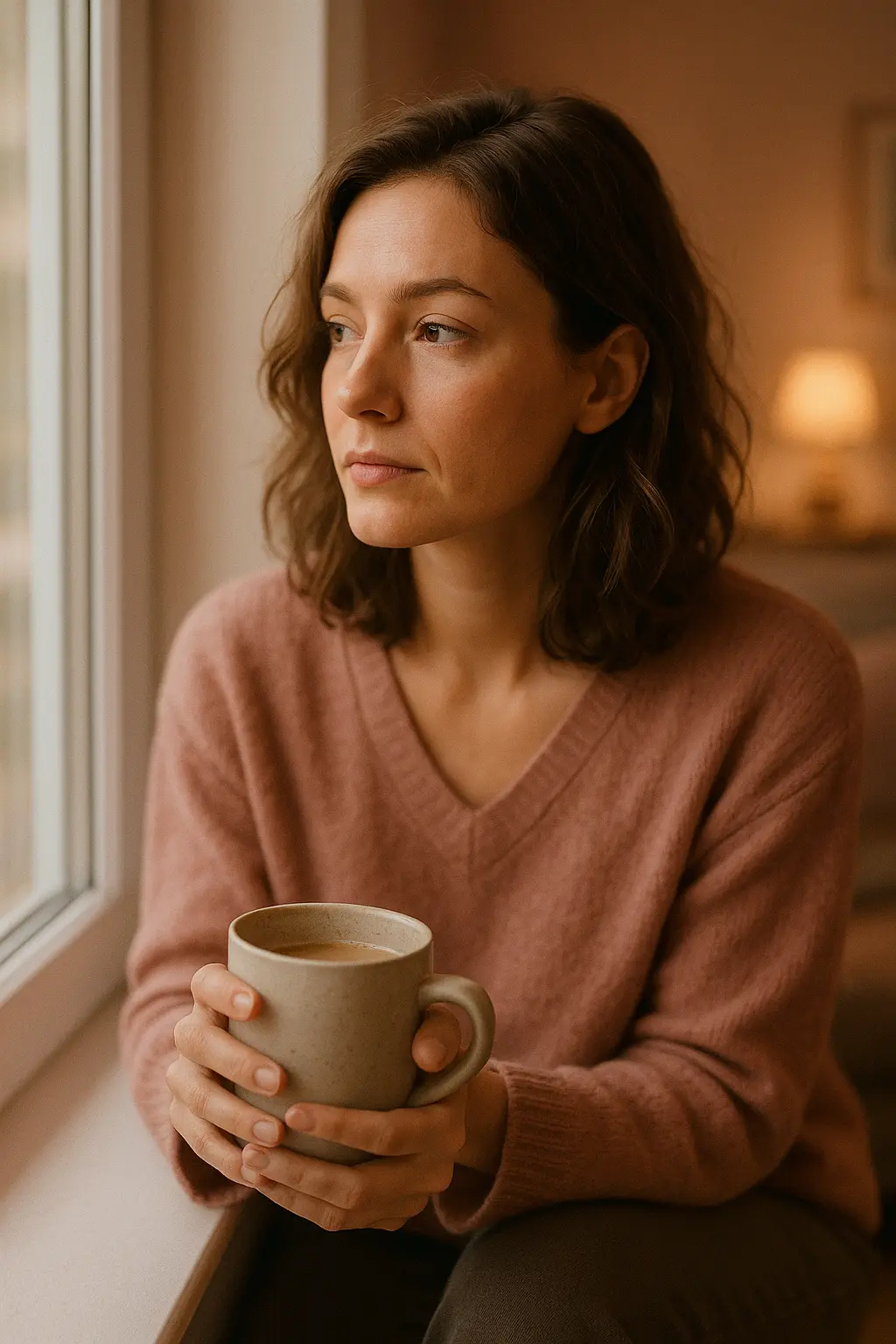 Woman reflecting near window, symbolizing emotional reconnection and hope.