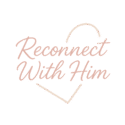 Reconnect With Him logo in elegant blush pink cursive script with soft heart outline