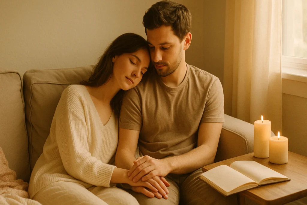 Couple reconnecting emotionally on couch, soft morning light and cozy blush tones - how to bring back emotional connection