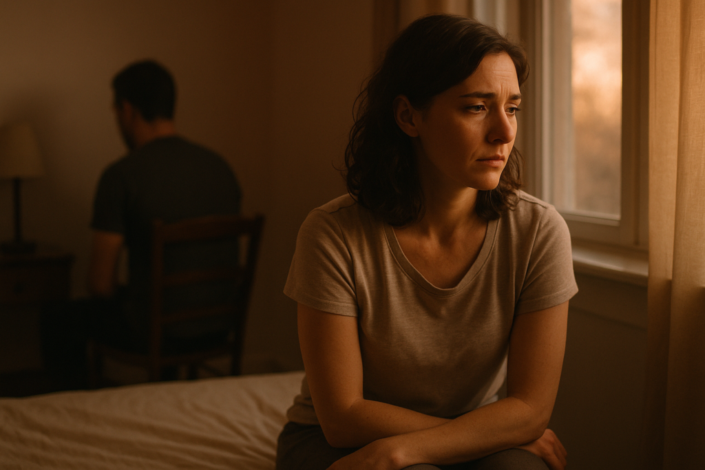Woman feeling alone while her husband is distant in the same room