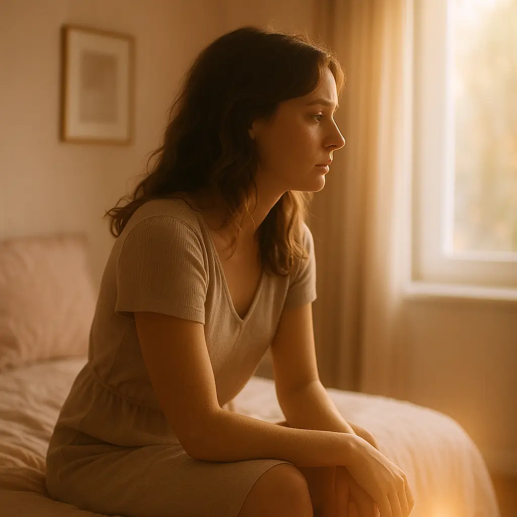 A woman sitting alone, reflecting - visualizing signs of emotional distance in a relationship. Soft, moody lighting, emotionally distant vibe.