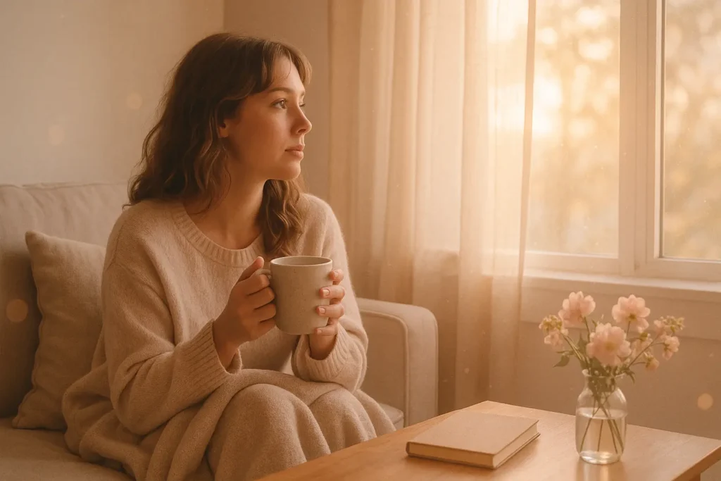 A soft feminine photo of a woman sitting in a cozy living room at sunset, holding a mug and reflecting quietly, symbolizing emotional labor in relationships and a desire for emotional support.